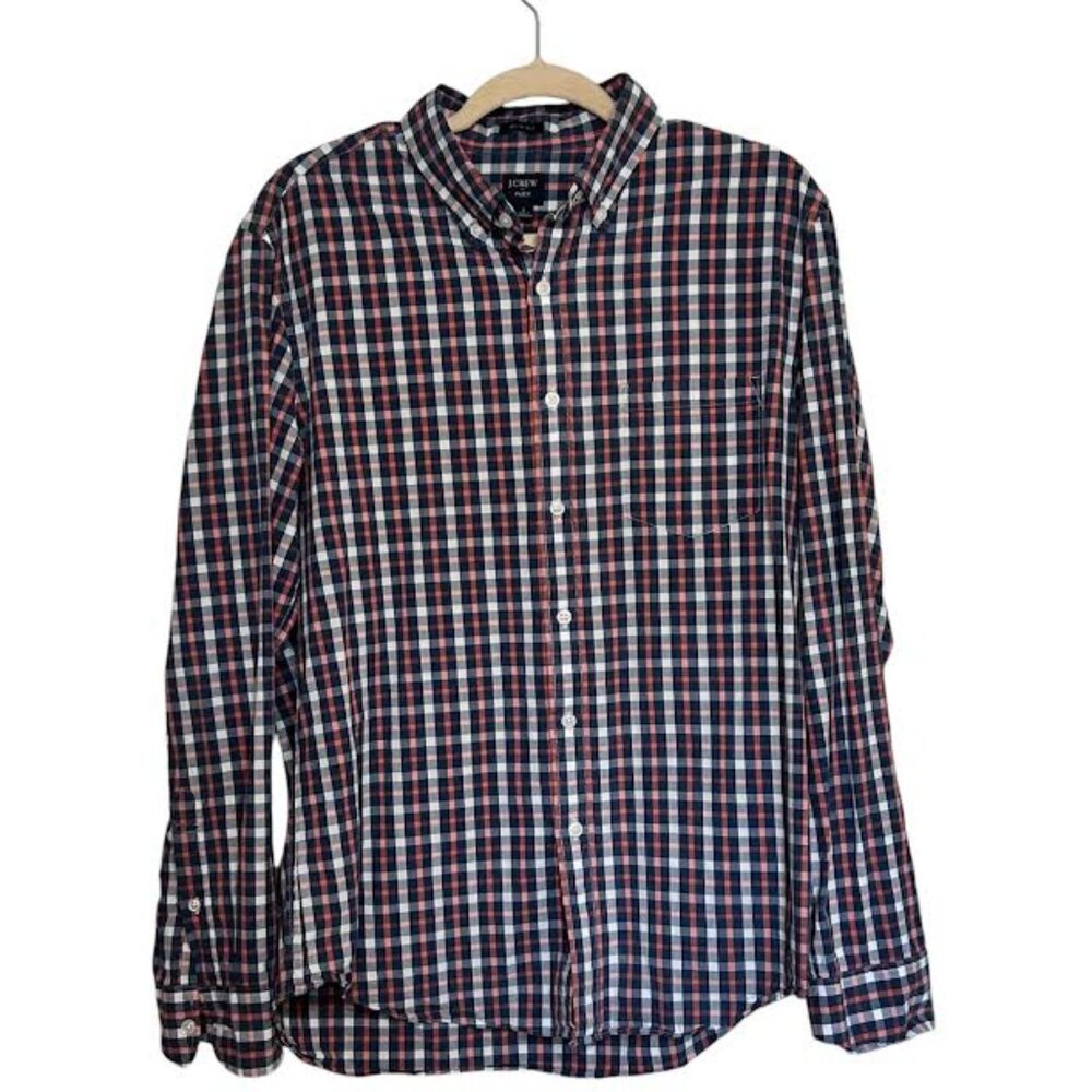 J Crew Men's Flex, Slim Fit, Long-Sleeve, Shirt, Size L, Navy Blue/Orange Check